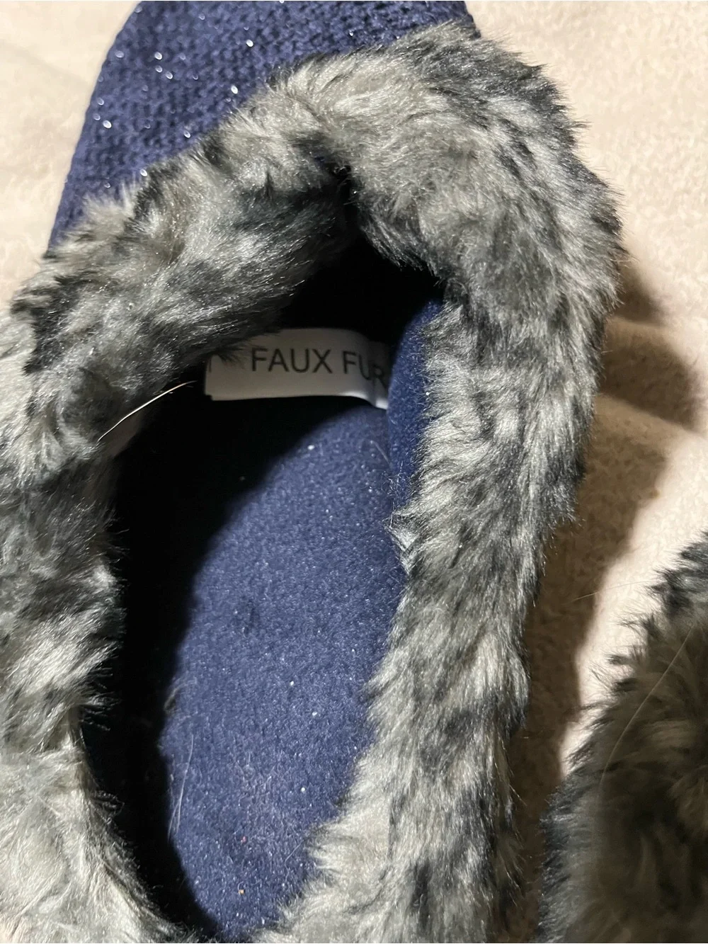 totes Kids Navy Slippers with Gray Faux-Fur Trim